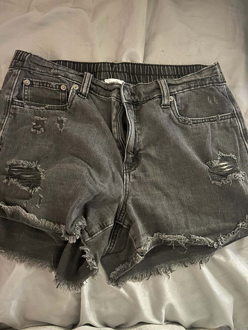 Aerie Distressed Black Denim Shorts with Elastic Waistband